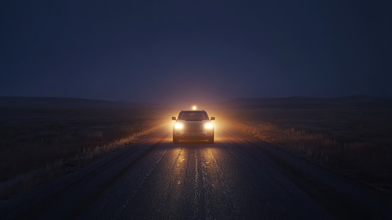 Mörker och ensam bil på väg